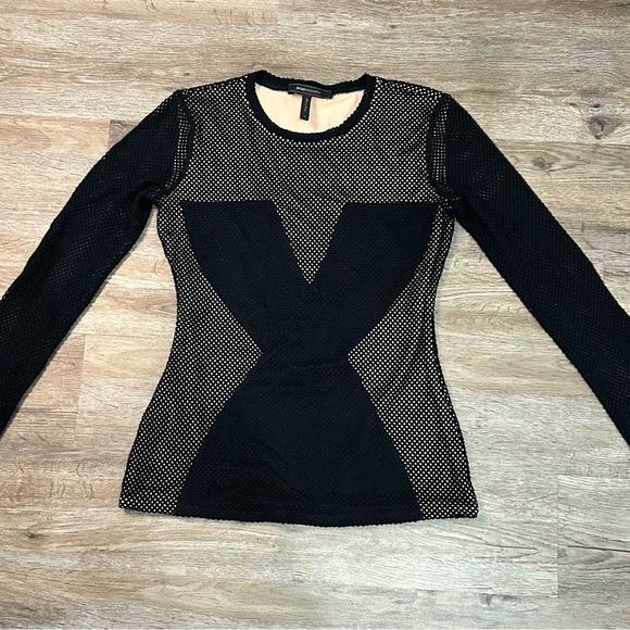 BCBG MAXAZRIA black mesh sleeve color block shirt. Size small. - Picture 1 of 4